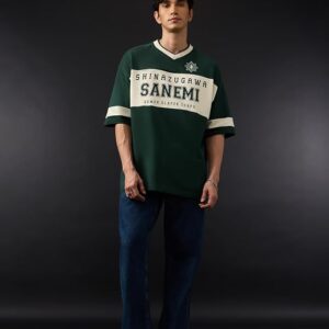 The Souled Store Demon Slayer: Sanemi Men and Boys Short Sleeves V Neck Dark Green Anime Graphic Printed Cotton Oversized Breathable Lightweight Drop Shoulder Streetwear T-Shirts