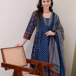KLOSIA Women's Rayon Printed Anarkali Kurta and Pant with Dupatta Set